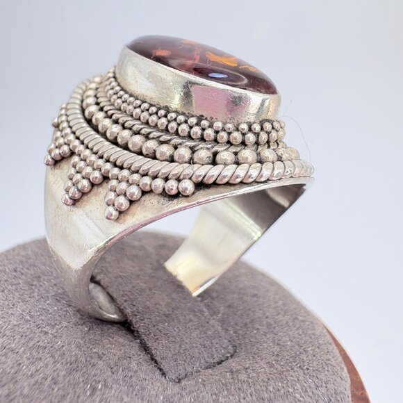 VTG Sterling SIlver 925 Large Oval Amber Rope Border Statement Ring Size 9.75 - Picture 3 of 10